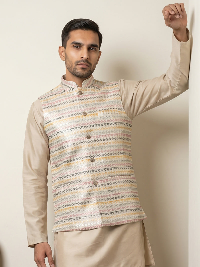 DesiQlo Men Printed Nehru Jacket and Kurta Pyjama Set - Gold