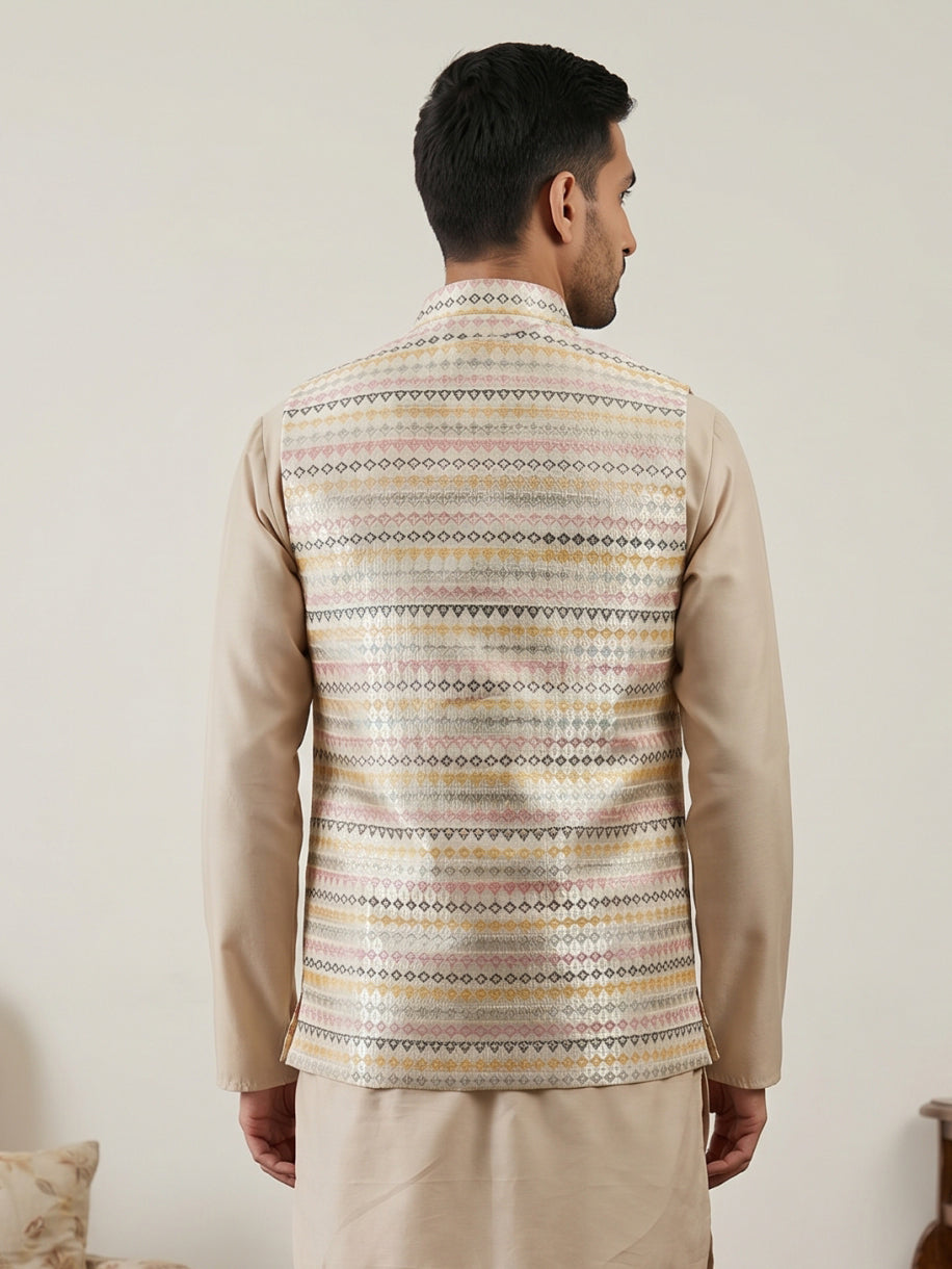 DesiQlo Men Printed Nehru Jacket and Kurta Pyjama Set - Gold