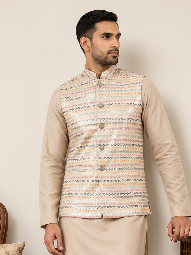 DesiQlo Men Printed Nehru Jacket and Kurta Pyjama Set - Gold