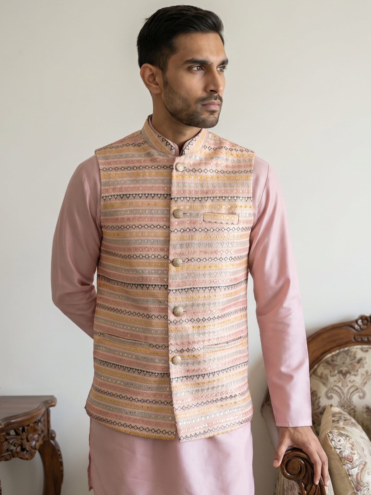 Cotton Blend Traditional Woven Nehru Jacket ( 65WC 4161Peach )