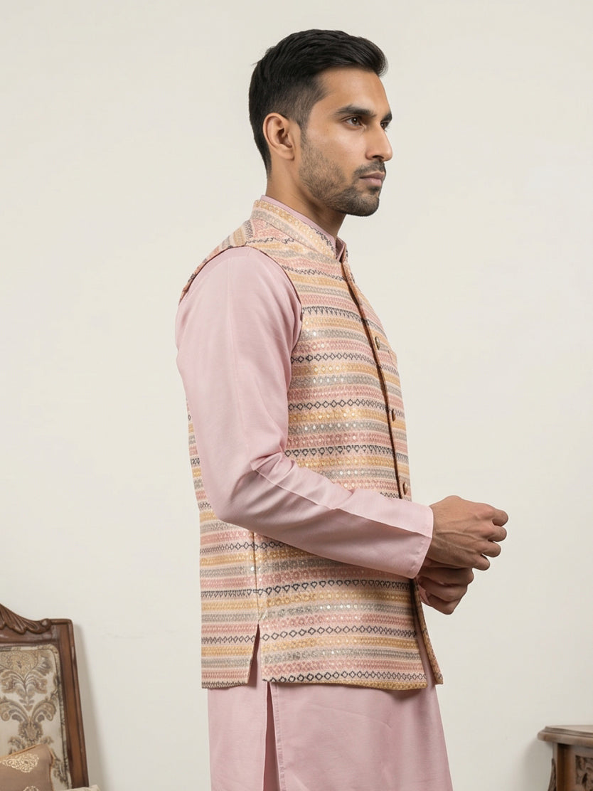DesiQlo Men Printed Nehru Jacket and Kurta Pyjama Set - - 65WC_4161Pea