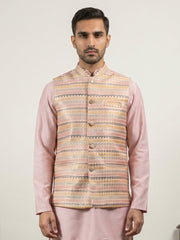 Cotton Blend Traditional Woven Nehru Jacket ( 65WC 4161Peach )