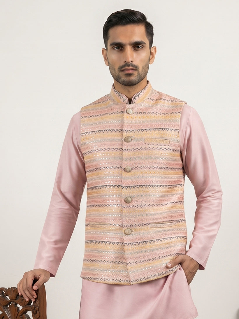 DesiQlo Men Printed Nehru Jacket and Kurta Pyjama Set - - 65WC_4161Pea
