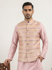 Cotton Blend Traditional Woven Nehru Jacket ( 65WC 4161Peach )