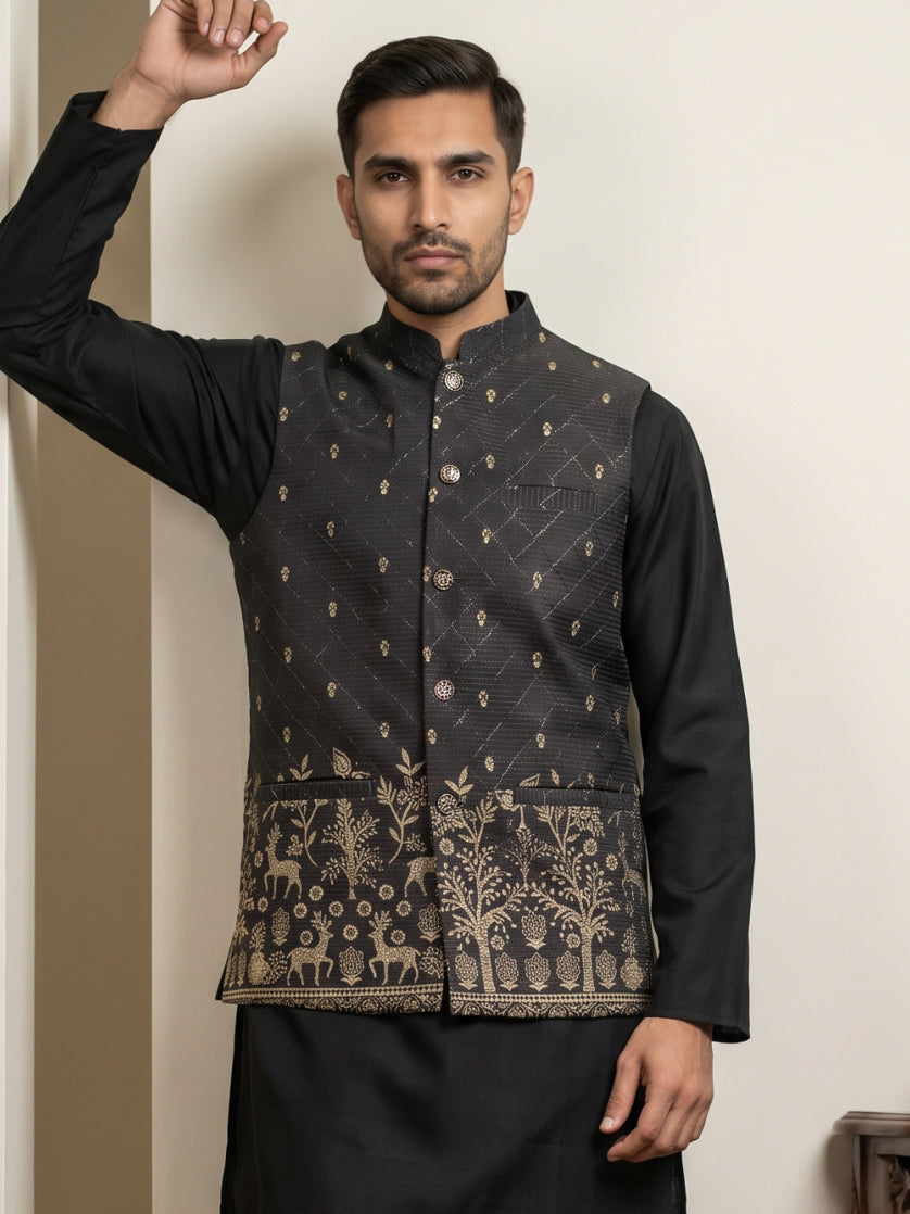 Men's Ethnic Printed Cotton Blend Nehru Jacket ( 65WC 4162Black )