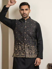 Men's Ethnic Printed Cotton Blend Nehru Jacket ( 65WC 4162Black )