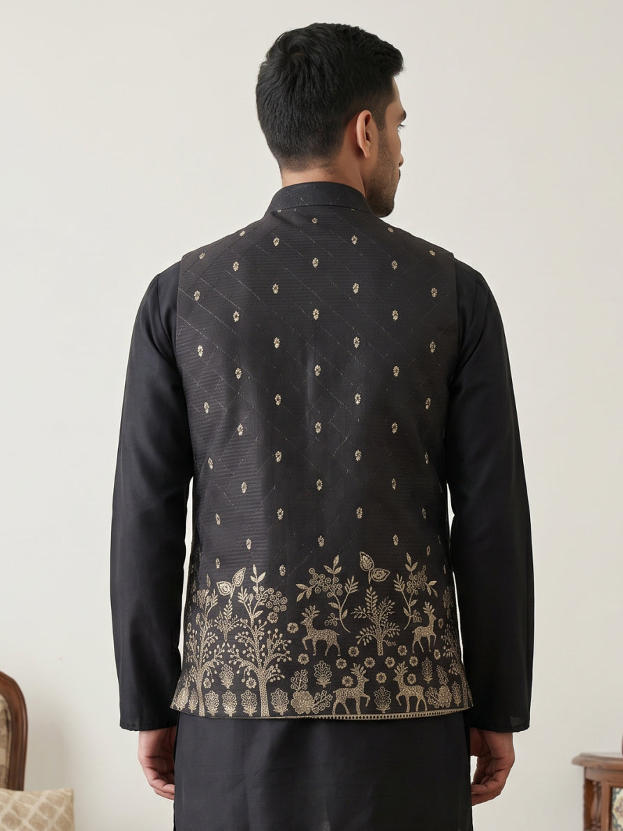 DesiQlo Men Printed Nehru Jacket and Kurta Pyjama Set - - 65WC_4162Bla