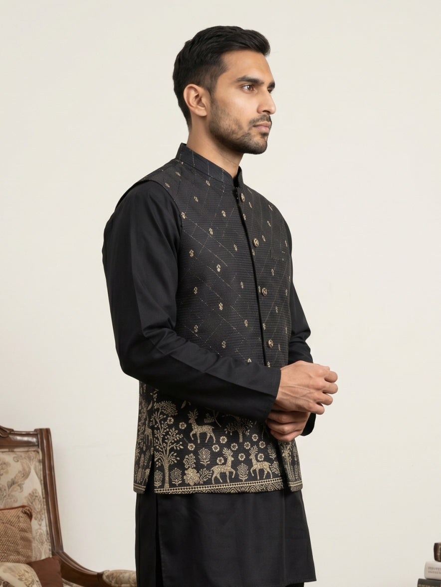 DesiQlo Men Printed Nehru Jacket and Kurta Pyjama Set - - 65WC_4162Bla