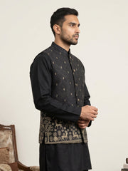 Men's Ethnic Printed Cotton Blend Nehru Jacket ( 65WC 4162Black )