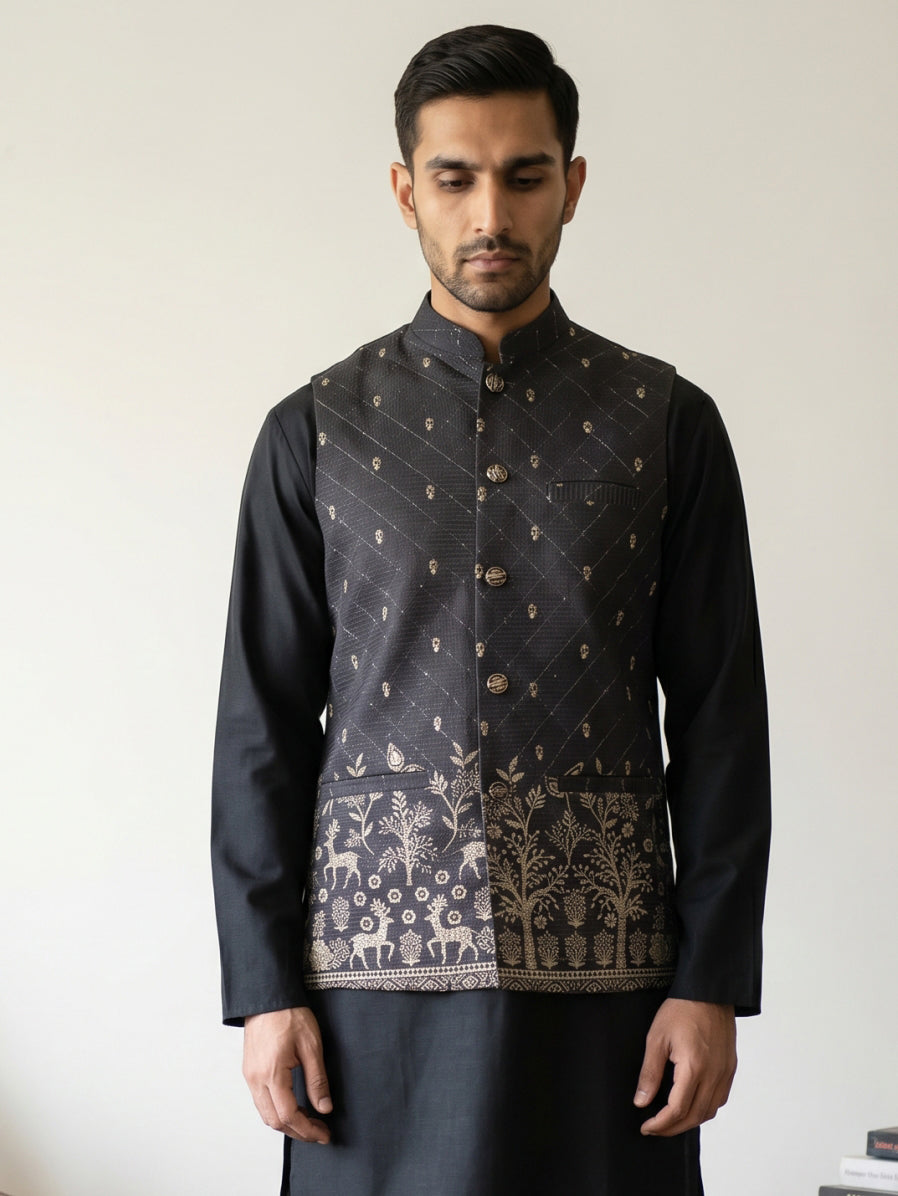 DesiQlo Men Printed Nehru Jacket and Kurta Pyjama Set - - 65WC_4162Bla