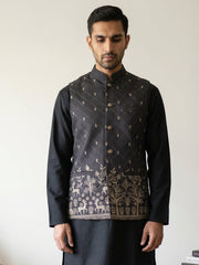 Men's Ethnic Printed Cotton Blend Nehru Jacket ( 65WC 4162Black )