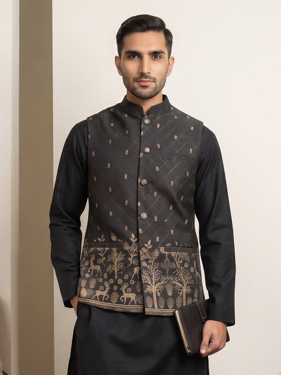 DesiQlo Men Printed Nehru Jacket and Kurta Pyjama Set - - 65WC_4162Bla