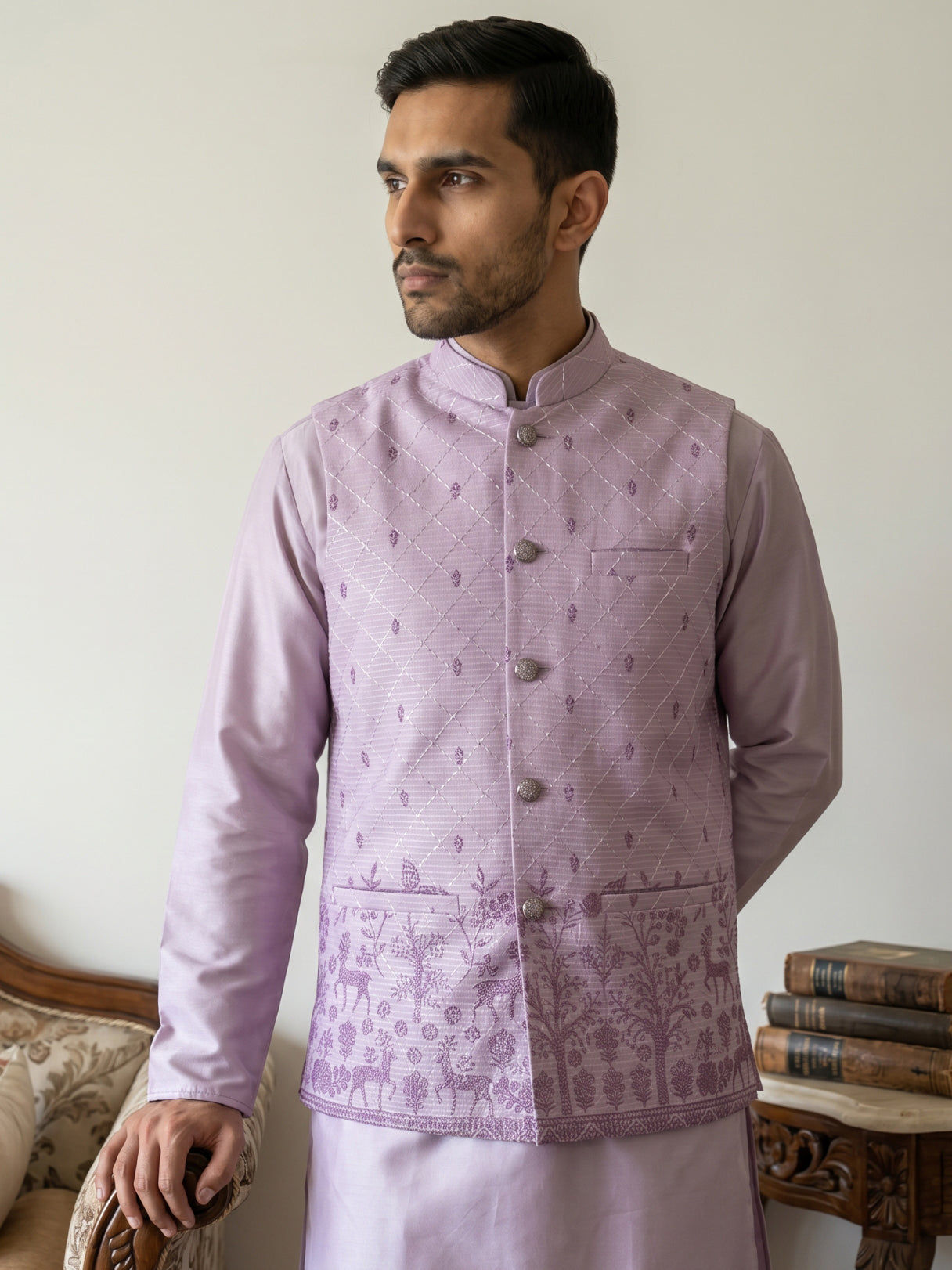 DesiQlo Men Printed Nehru Jacket and Kurta Pyjama Set - Purple