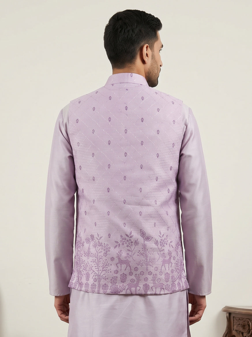 DesiQlo Men Printed Nehru Jacket and Kurta Pyjama Set - Purple