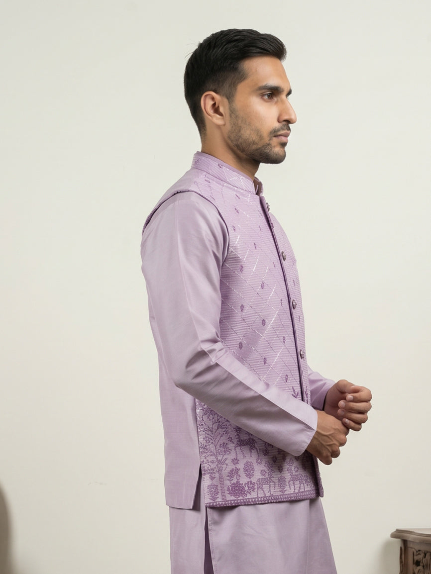 DesiQlo Men Printed Nehru Jacket and Kurta Pyjama Set - Purple