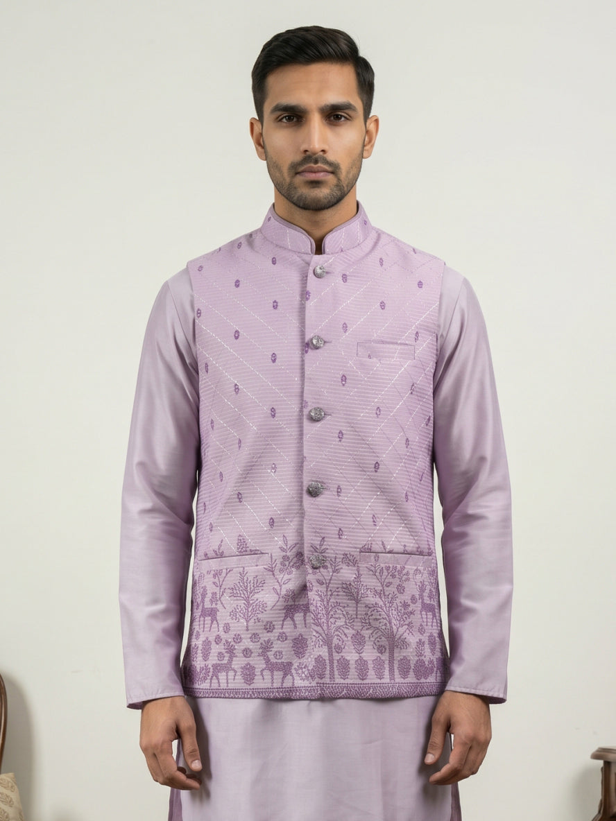 DesiQlo Men Printed Nehru Jacket and Kurta Pyjama Set - Purple
