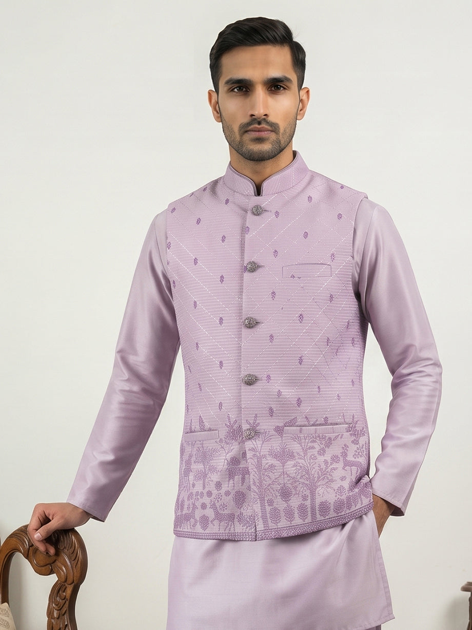 DesiQlo Men Printed Nehru Jacket and Kurta Pyjama Set - Purple