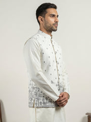 Men's Ethnic Printed Cotton Blend Nehru Jacket ( 65WC 4162White )