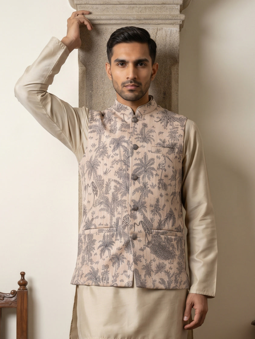 DesiQlo Men Printed Nehru Jacket and Kurta Pyjama Set - - 65WC_4163Bei