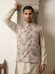 Men's Tropical Printed Cotton Blend Nehru Jacket ( 65WC 4163Beige )