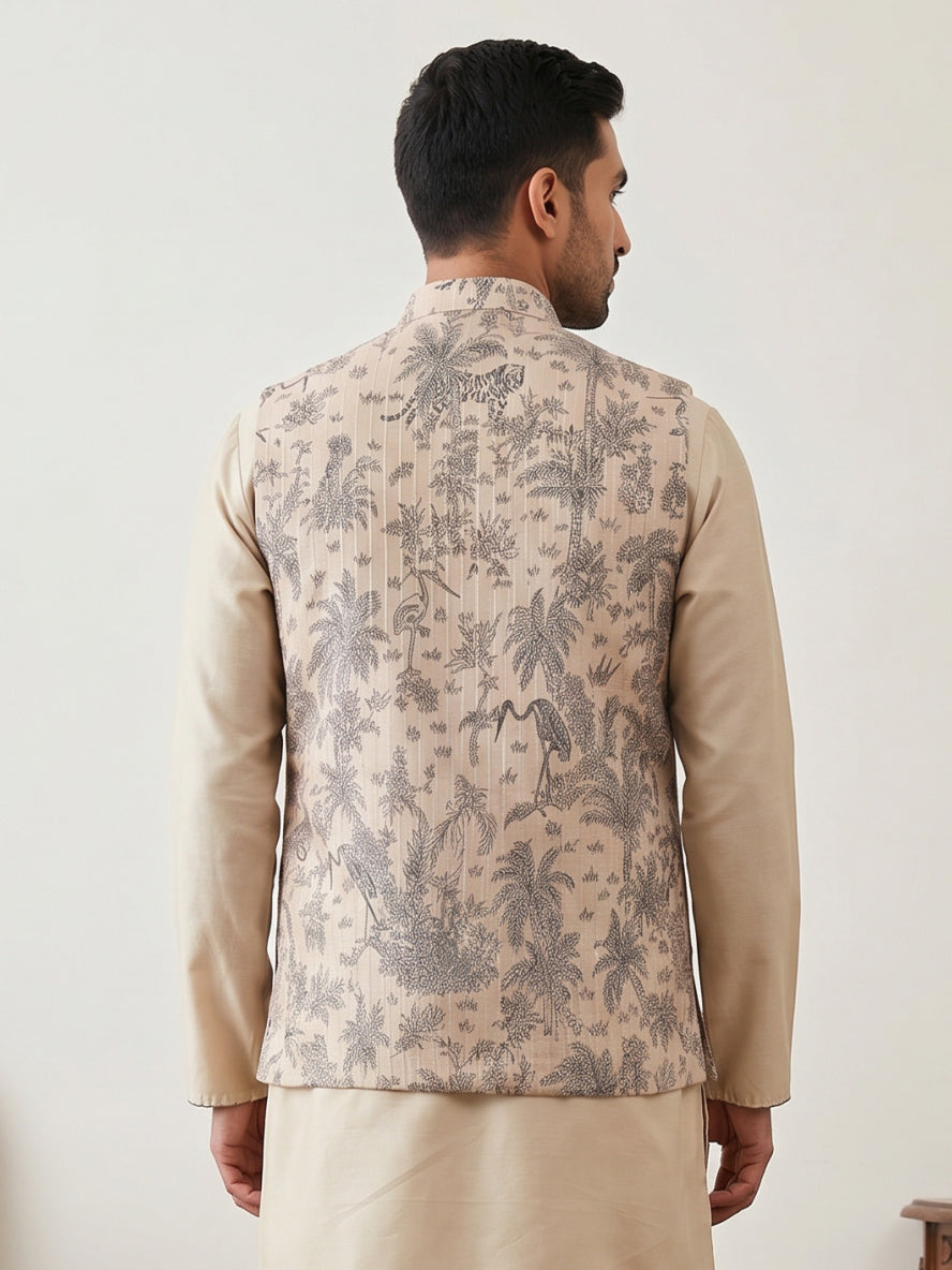 DesiQlo Men Printed Nehru Jacket and Kurta Pyjama Set - - 65WC_4163Bei