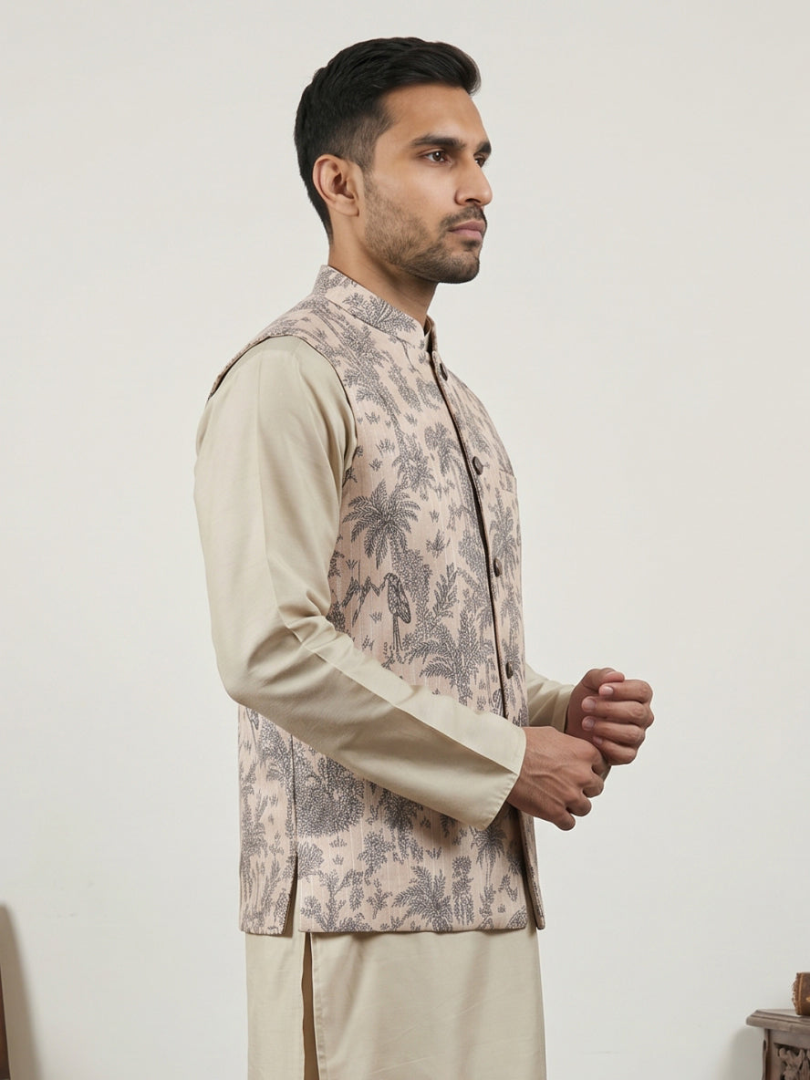 DesiQlo Men Printed Nehru Jacket and Kurta Pyjama Set - - 65WC_4163Bei