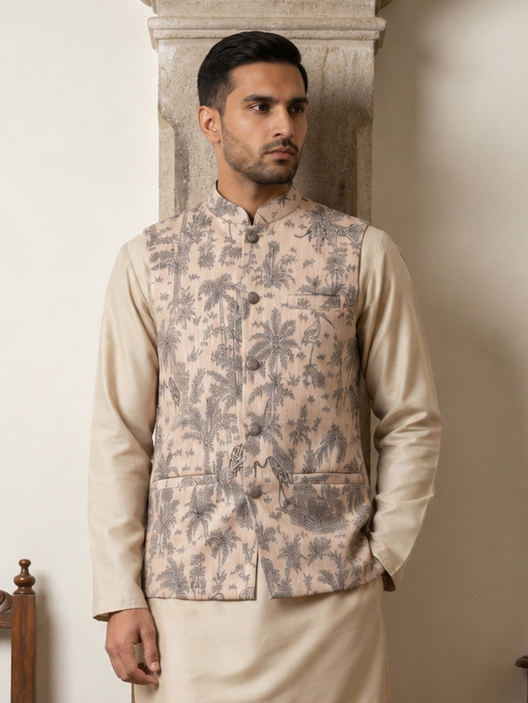 DesiQlo Men Printed Nehru Jacket and Kurta Pyjama Set - - 65WC_4163Bei