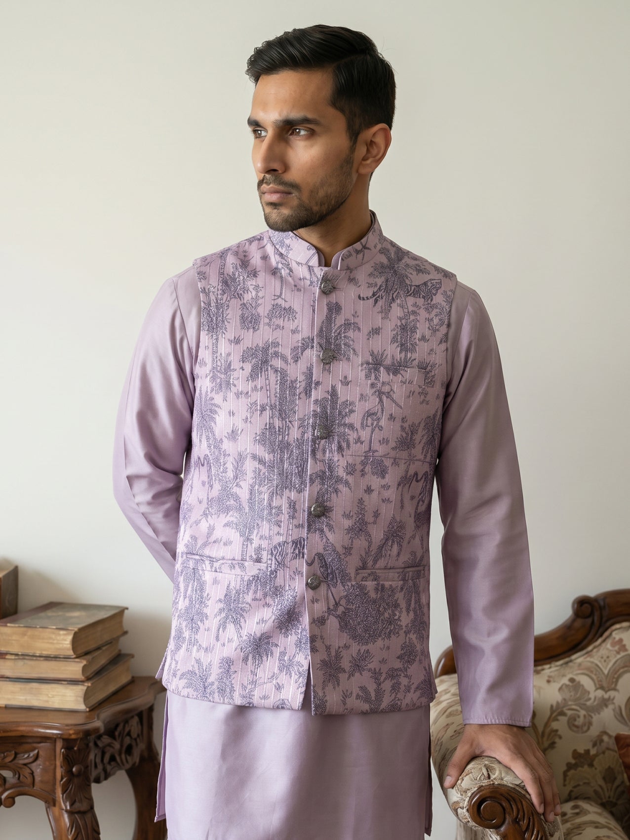 DesiQlo Men Printed Nehru Jacket and Kurta Pyjama Set - - 65WC_4163Pur