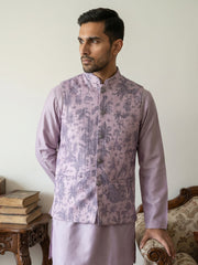 Men's Tropical Printed Cotton Blend Nehru Jacket ( 65WC 4163Purple )