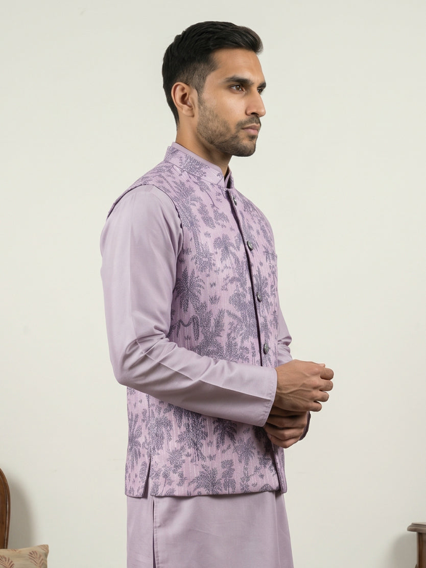 DesiQlo Men Printed Nehru Jacket and Kurta Pyjama Set - - 65WC_4163Pur