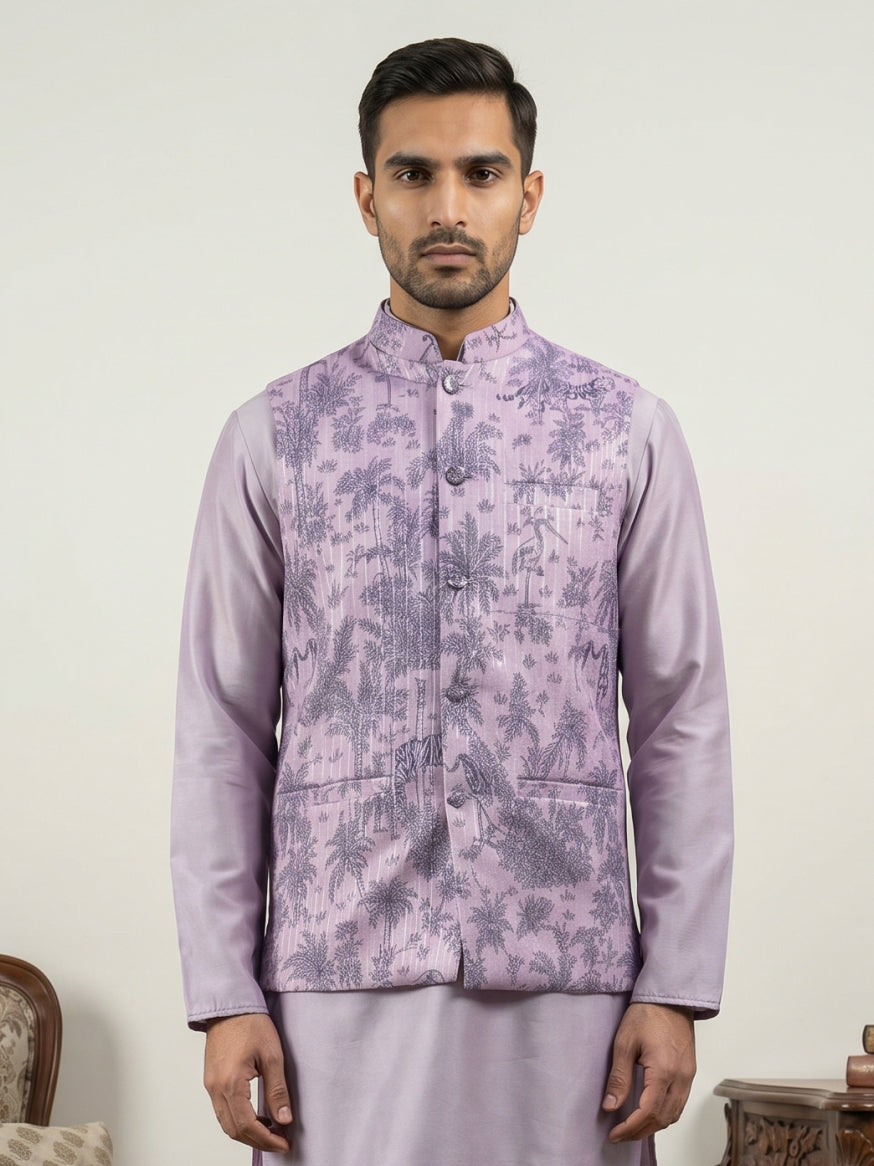 DesiQlo Men Printed Nehru Jacket and Kurta Pyjama Set - - 65WC_4163Pur