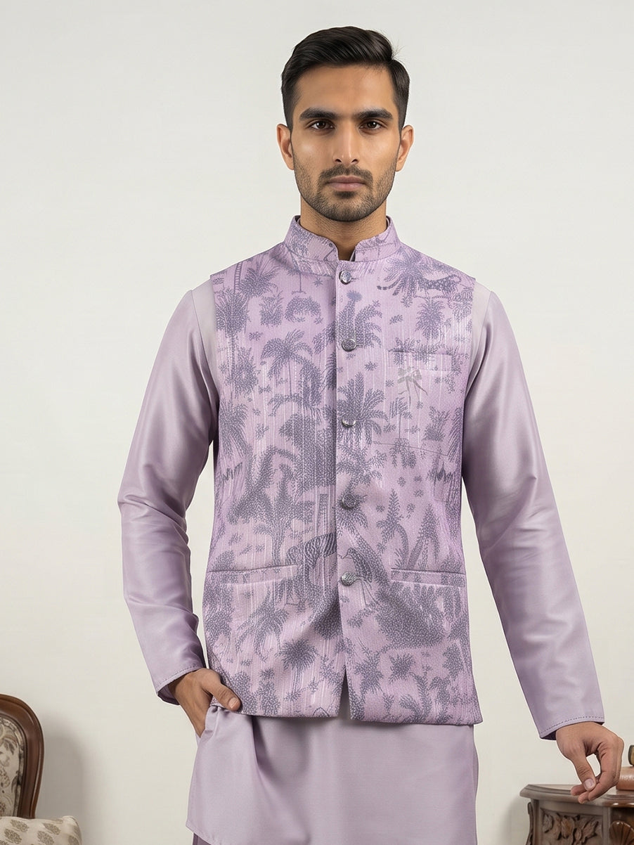DesiQlo Men Printed Nehru Jacket and Kurta Pyjama Set - - 65WC_4163Pur