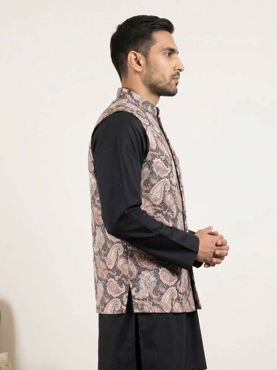 DesiQlo Men Embroidered Nehru Jacket and Kurta Pyjama S - 65WC_4164Bla