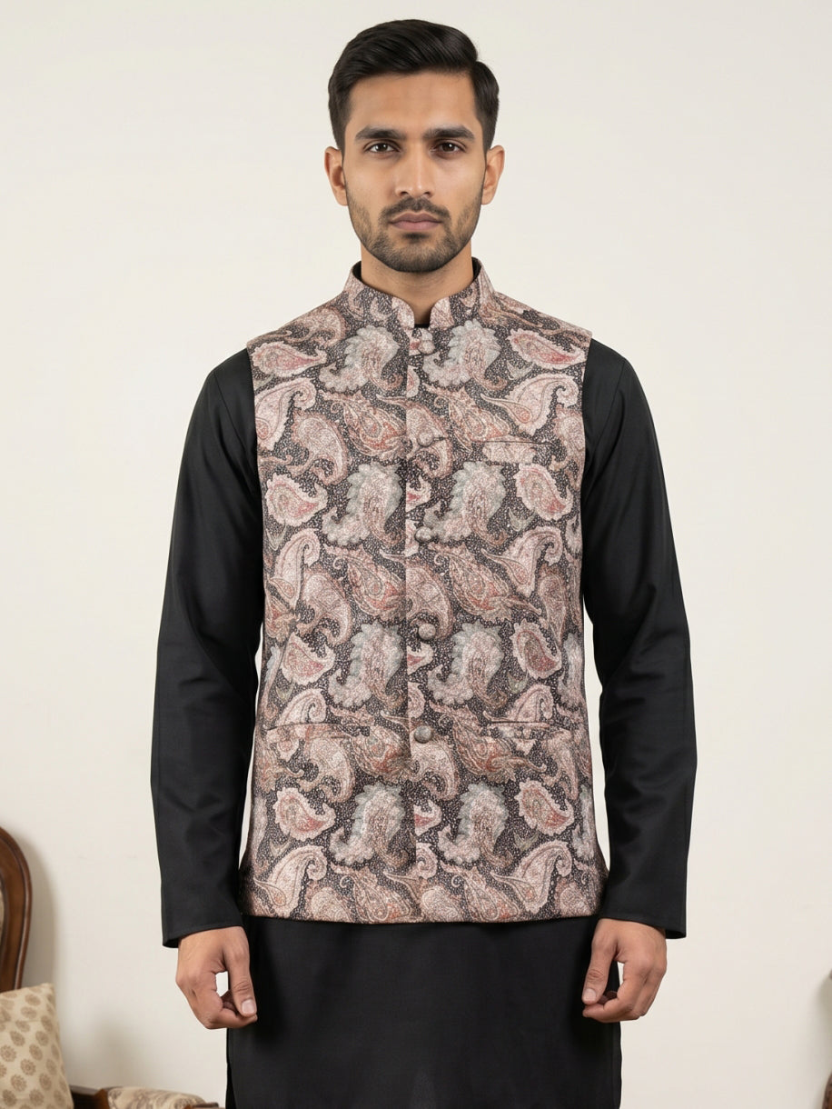 DesiQlo Men Embroidered Nehru Jacket and Kurta Pyjama S - 65WC_4164Bla