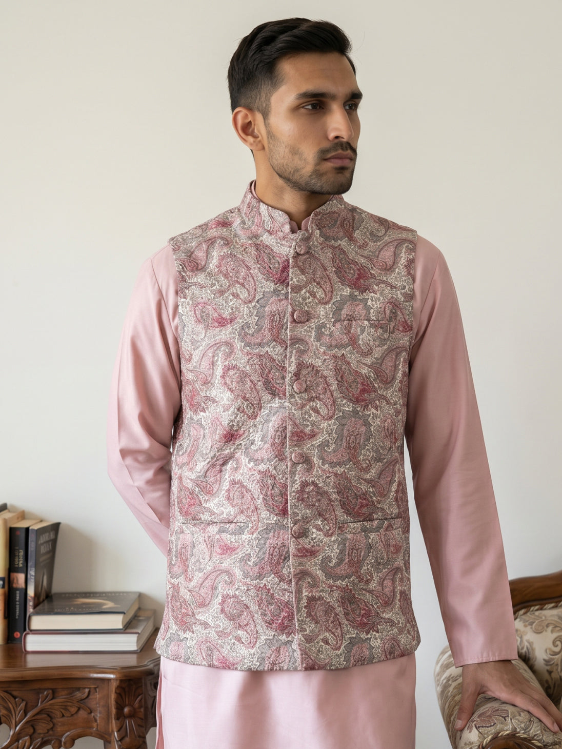DesiQlo Men Embroidered Nehru Jacket and Kurta Pyjama S - 65WC_4164Pea