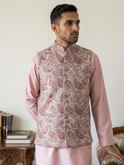Men Paisley Embroidered Cotton Blend Nehru Jacket ( JOWC 4164Peach )