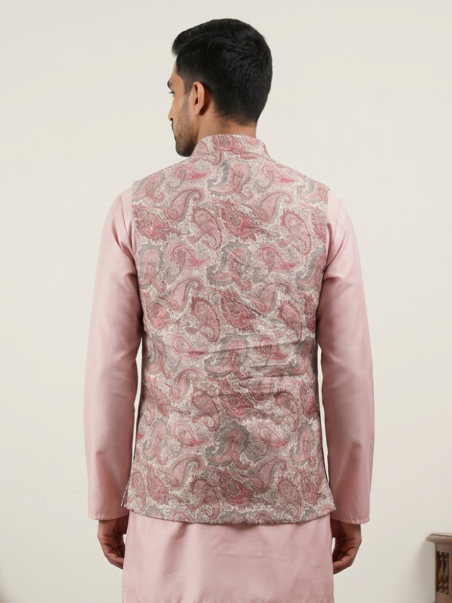DesiQlo Men Embroidered Nehru Jacket and Kurta Pyjama S - JOWC_4164Pea