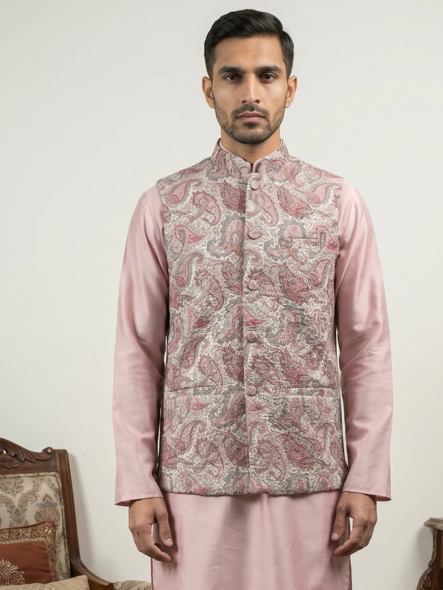 DesiQlo Men Embroidered Nehru Jacket and Kurta Pyjama S - 65WC_4164Pea