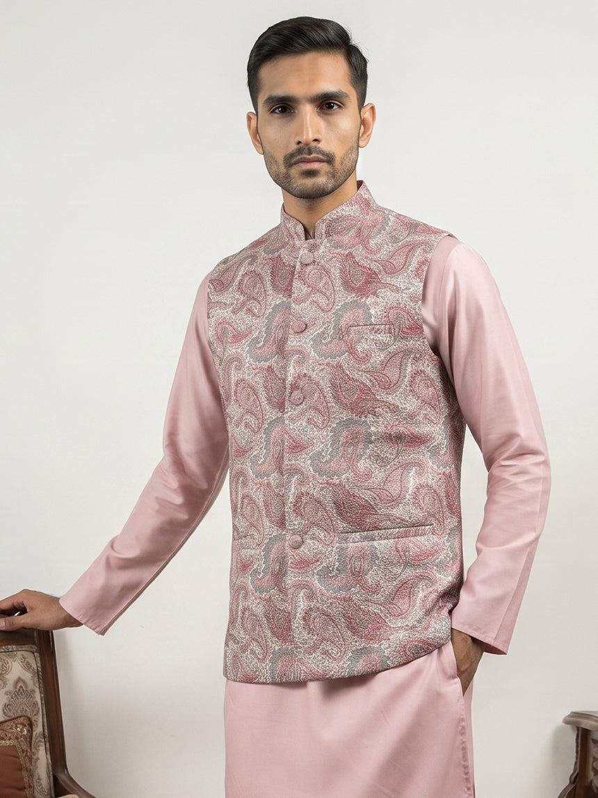 DesiQlo Men Embroidered Nehru Jacket and Kurta Pyjama S - 65WC_4164Pea