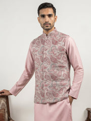 Men Paisley Embroidered Cotton Blend Nehru Jacket ( JOWC 4164Peach )