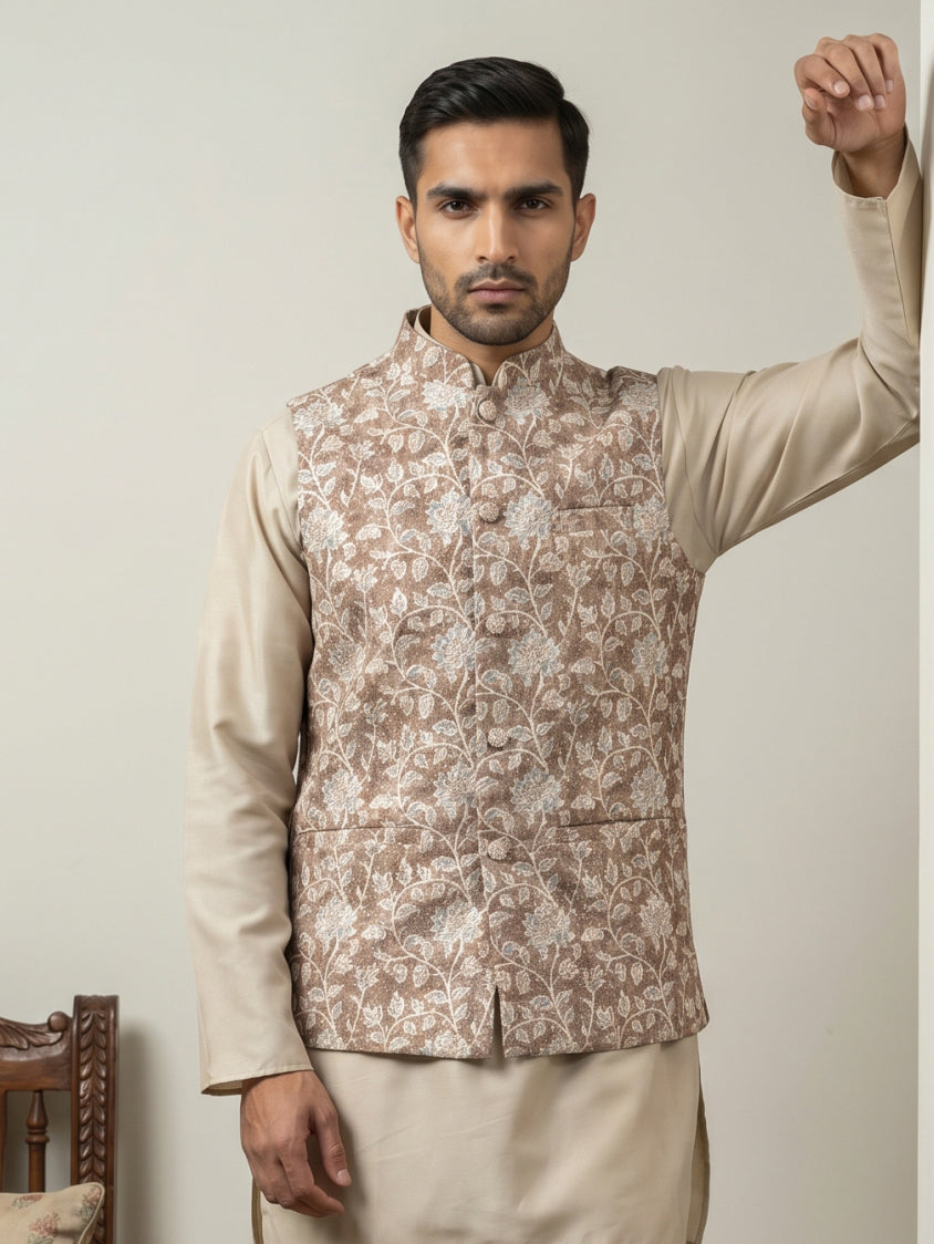 DesiQlo Men Embroidered Nehru Jacket and Kurta Pyjama S - 65WC_4165Bei