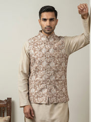Men Floral Embroidered Cotton Blend Nehru Jacket ( 65WC 4165Beige )