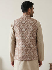 Men Floral Embroidered Cotton Blend Nehru Jacket ( 65WC 4165Beige )