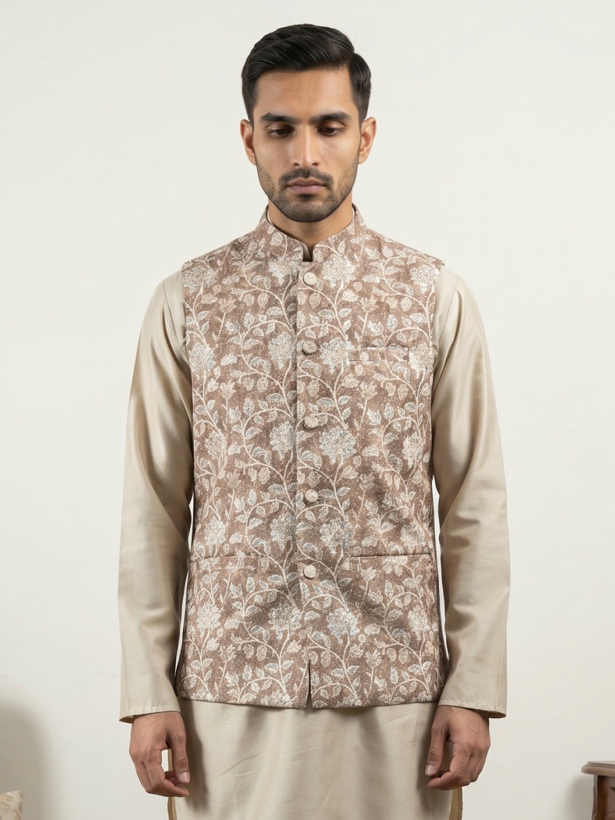 DesiQlo Men Embroidered Nehru Jacket and Kurta Pyjama S - 65WC_4165Bei