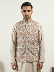 Men Floral Embroidered Cotton Blend Nehru Jacket ( 65WC 4165Beige )