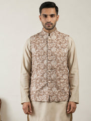 Men Floral Embroidered Cotton Blend Nehru Jacket ( 65WC 4165Beige )