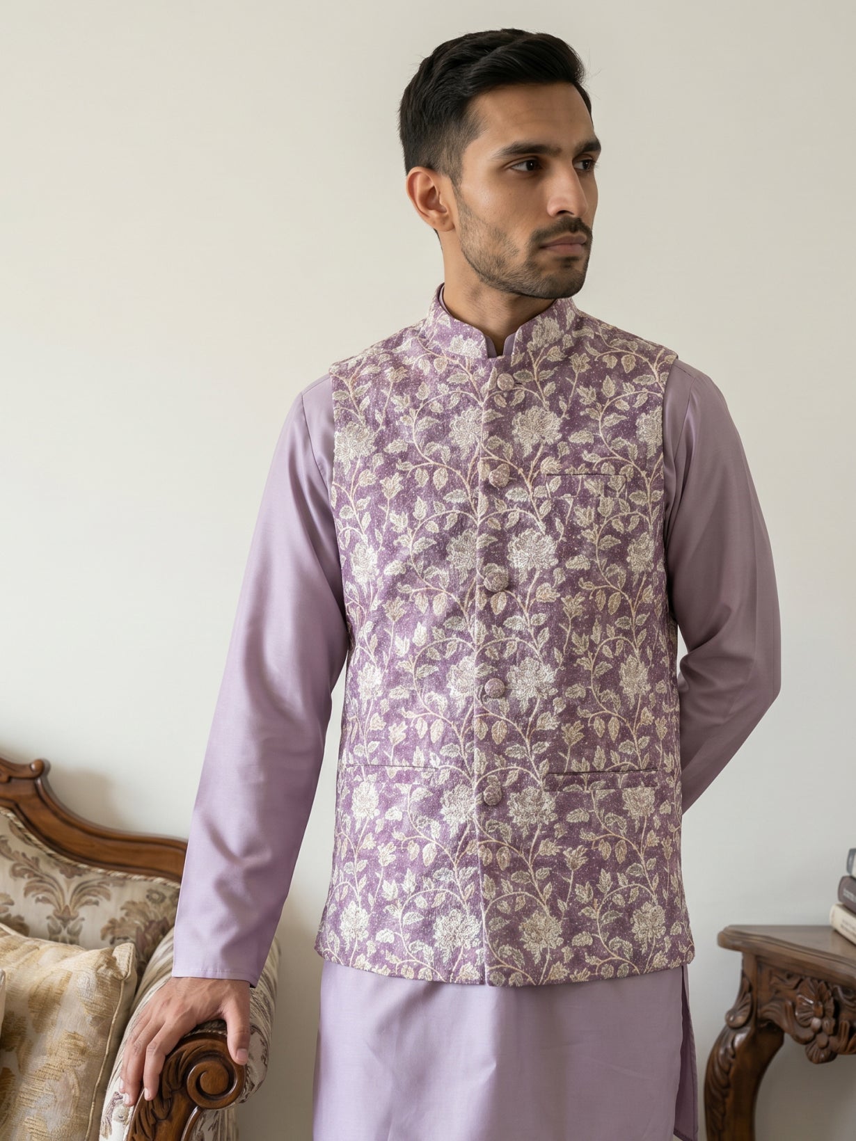 DesiQlo Men Embroidered Nehru Jacket and Kurta Pyjama S - 65WC_4165Pur