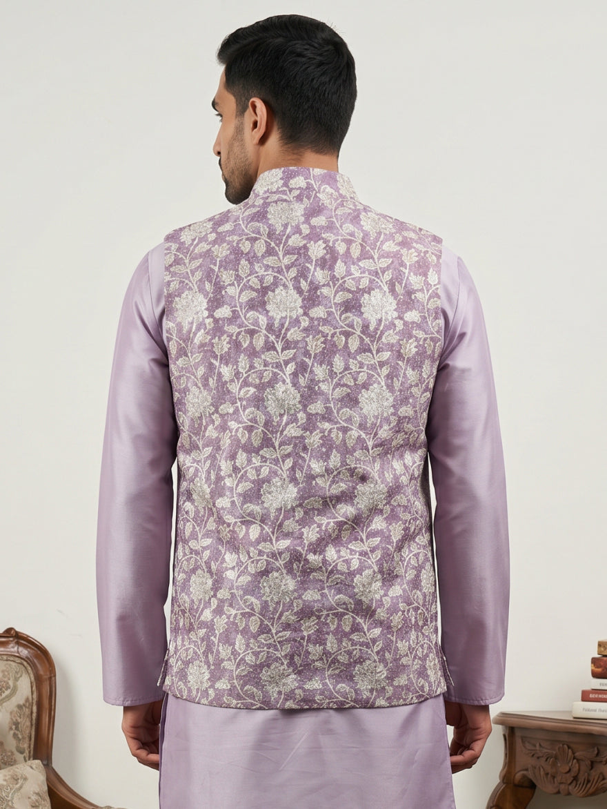DesiQlo Men Embroidered Nehru Jacket and Kurta Pyjama S - 65WC_4165Pur