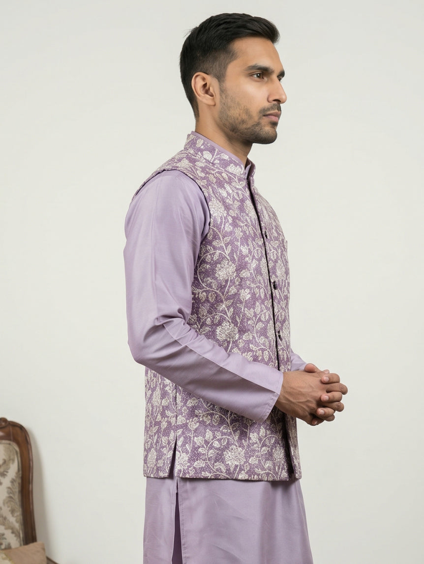 DesiQlo Men Embroidered Nehru Jacket and Kurta Pyjama S - 65WC_4165Pur