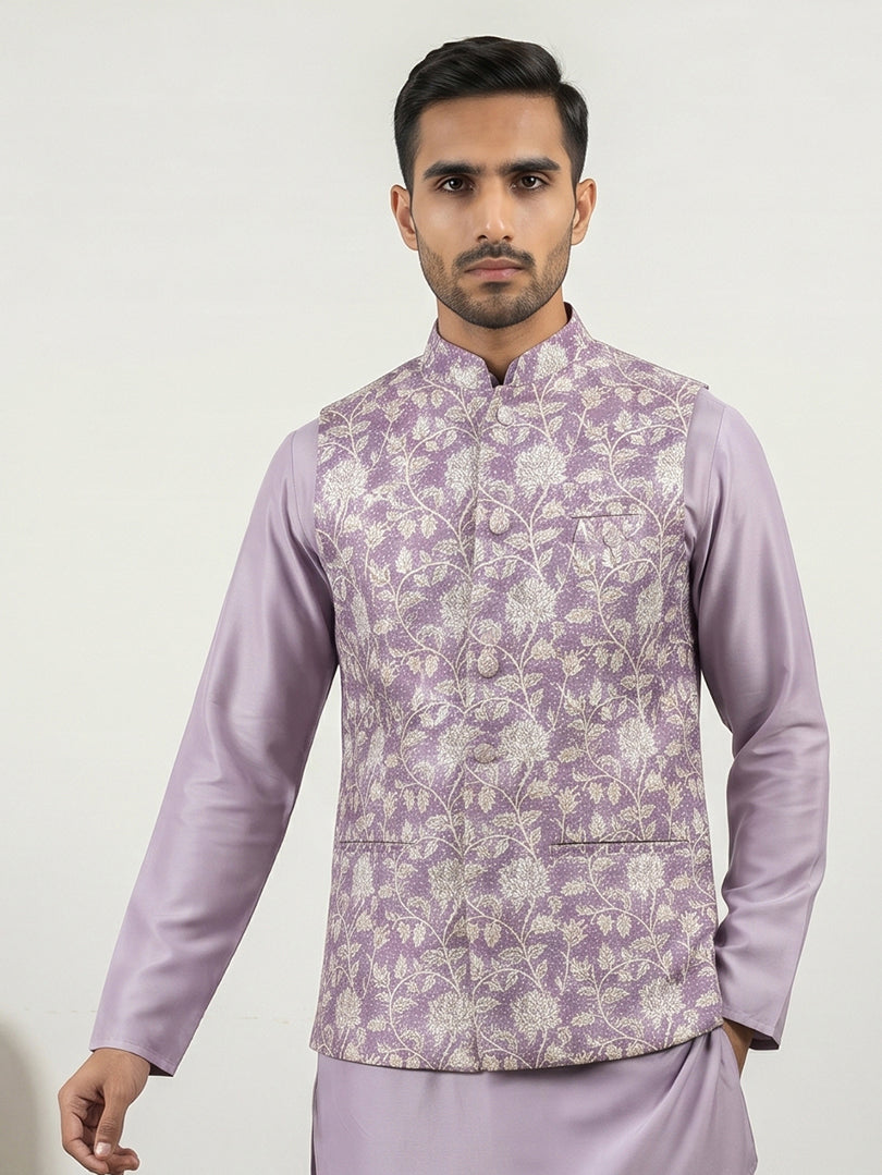 DesiQlo Men Embroidered Nehru Jacket and Kurta Pyjama S - 65WC_4165Pur